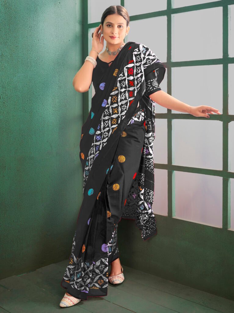 Image of Black Cotton Saree