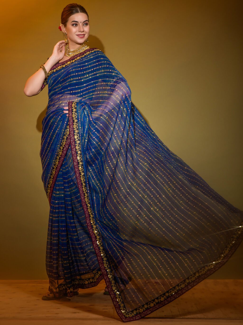 Ethnic Navy Blue Georgette Saree - Image 3