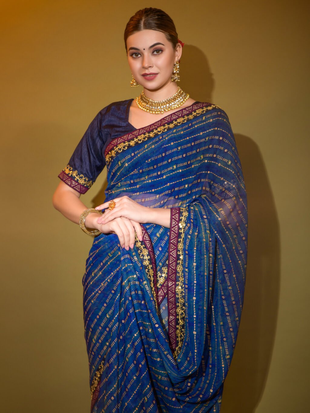 Ethnic Navy Blue Georgette Saree - Image 4