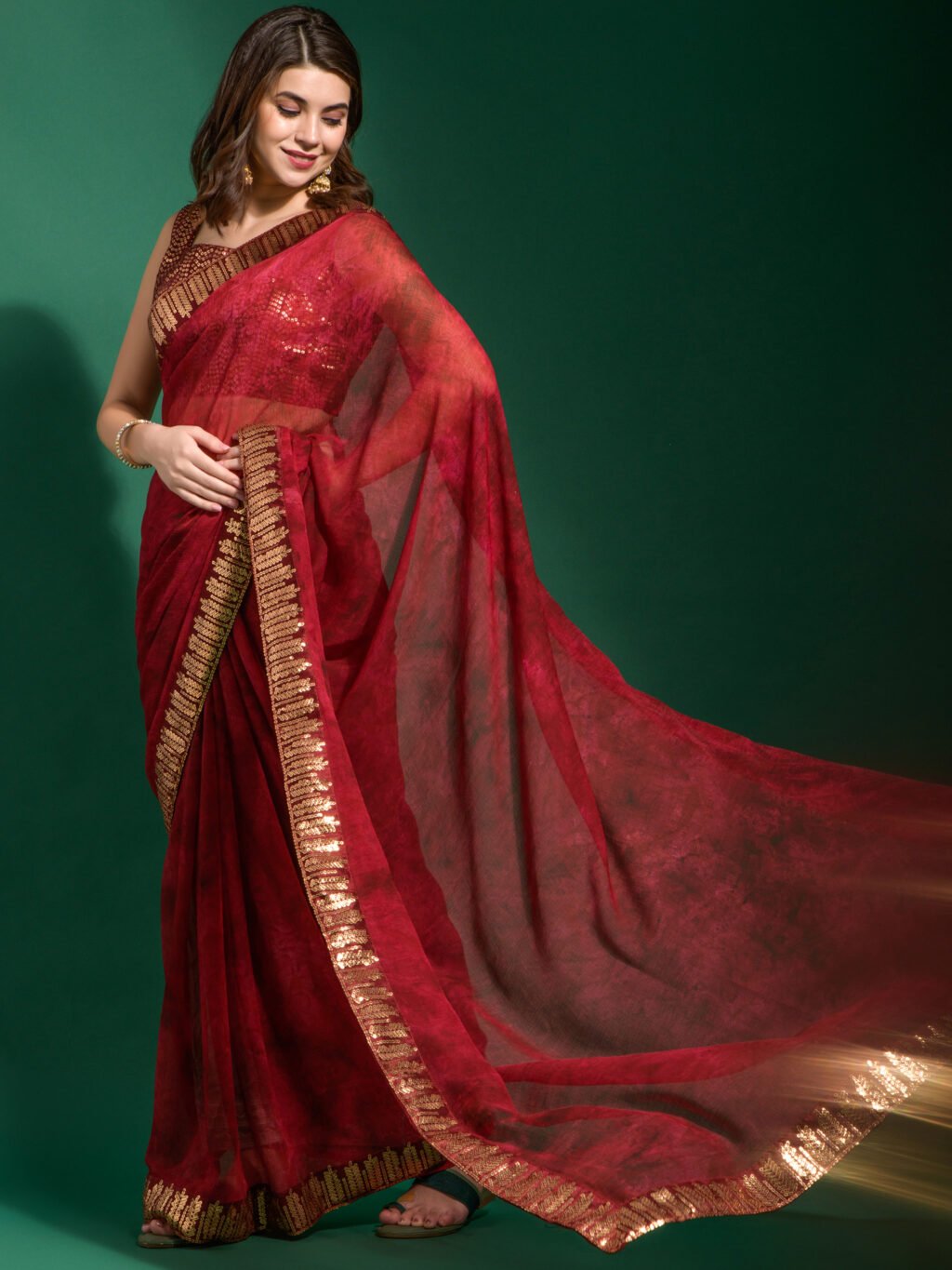 Partywear Maroon Designer Chiffon Saree - Image 3