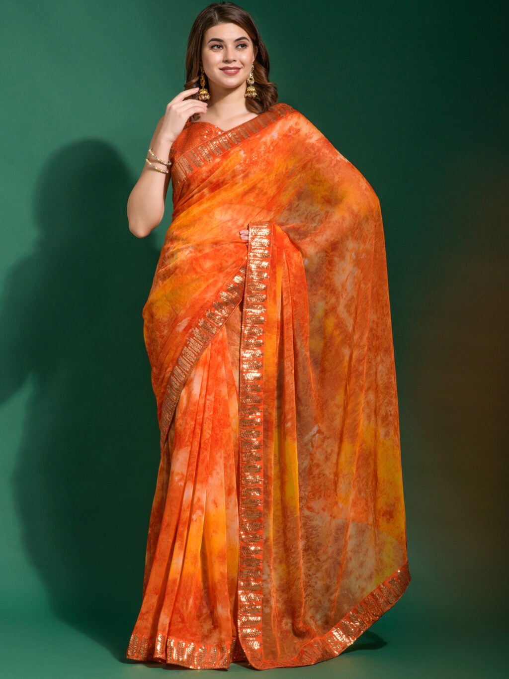 Image of Orange Chiffon Saree