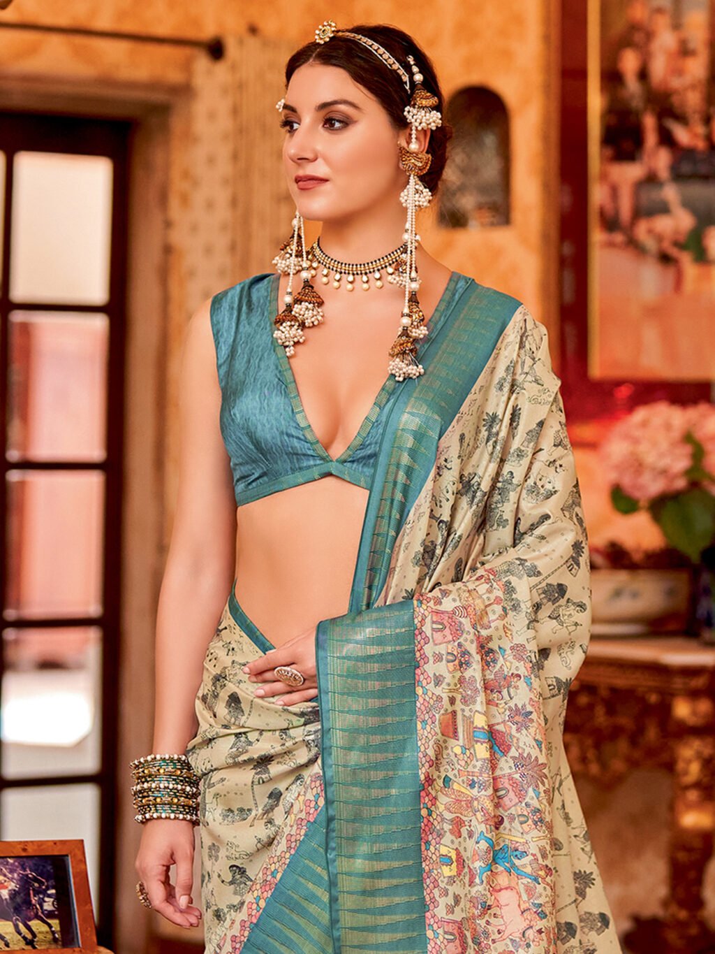 Ethnic Cream Printed Manipuri Silk Saree - Image 3