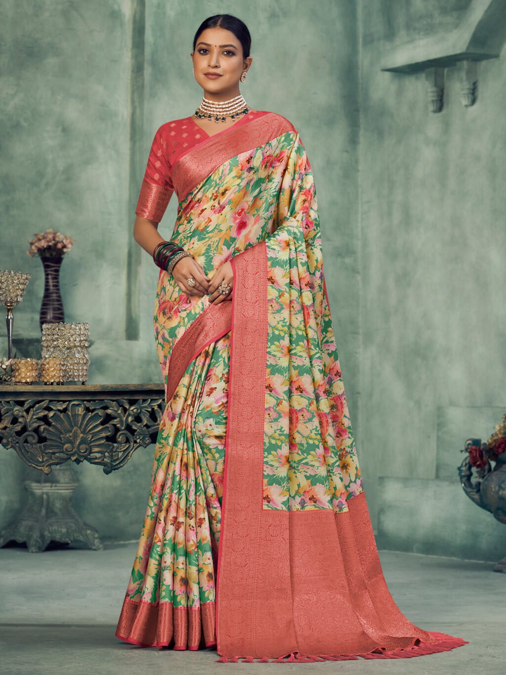 Image of Teal Green Silk Saree