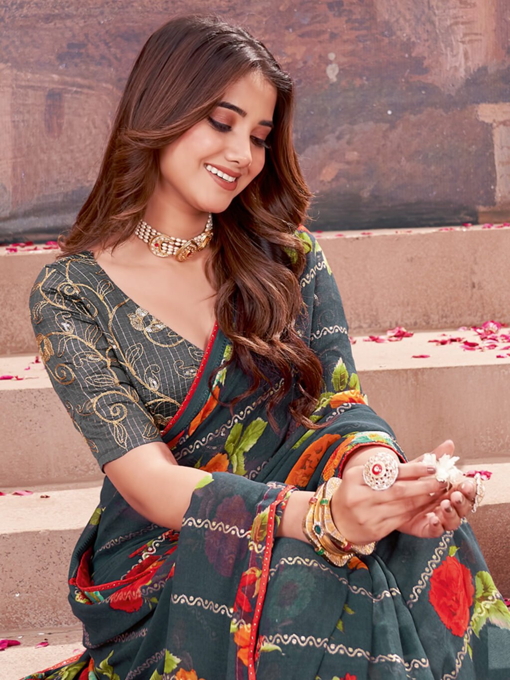 Dark Green Georgette Saree - Image 3