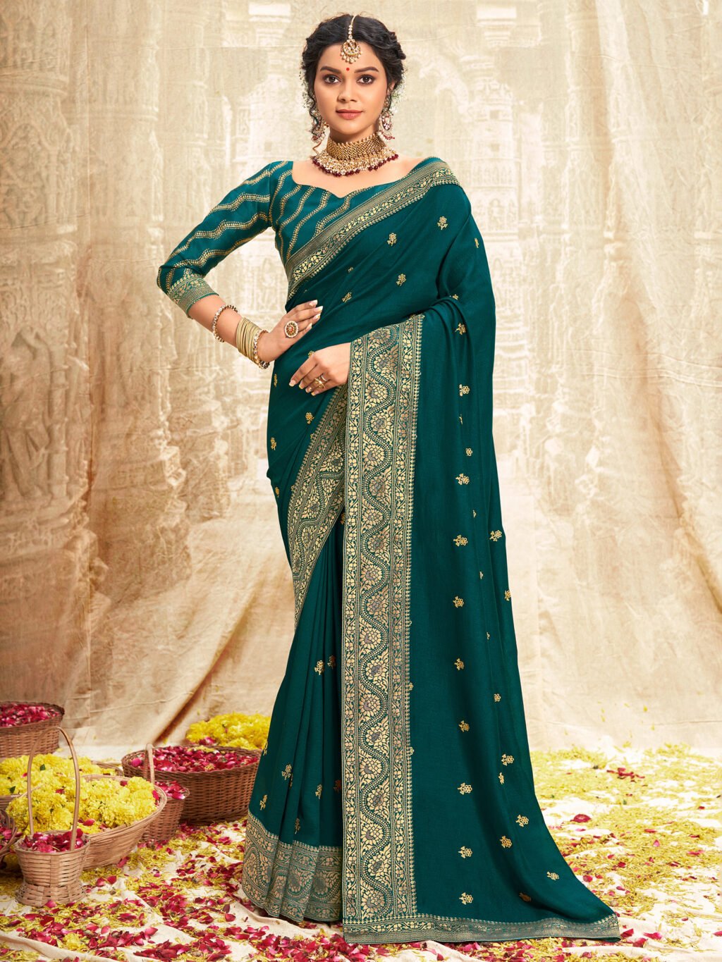 Image of Teal Blue Silk Saree