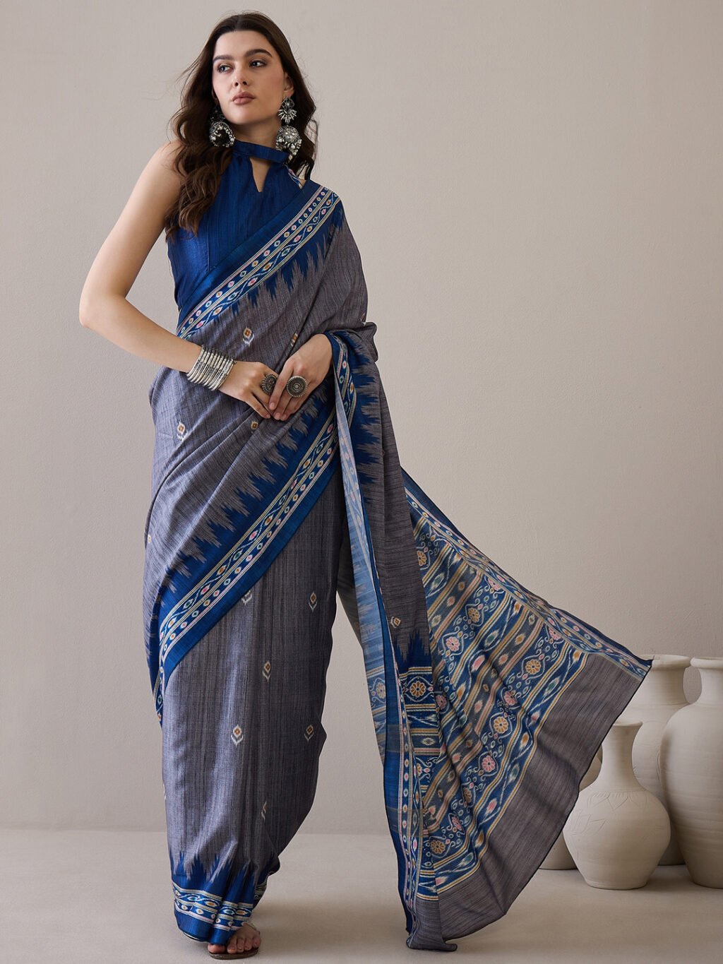 Image of Grey Silk Saree