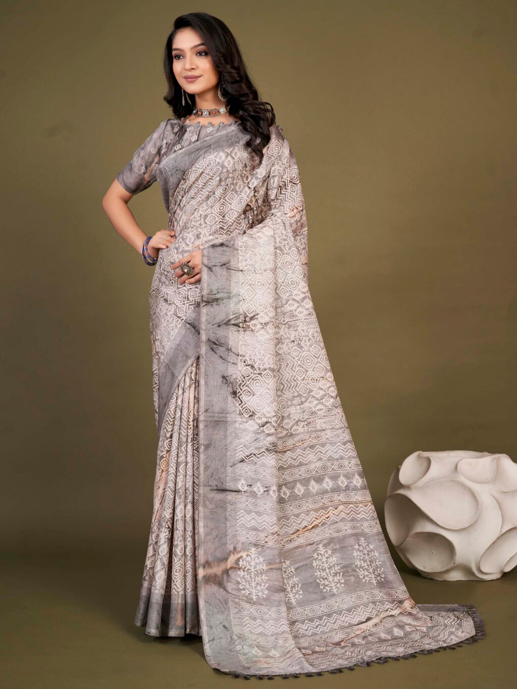Image of Grey Silk Saree