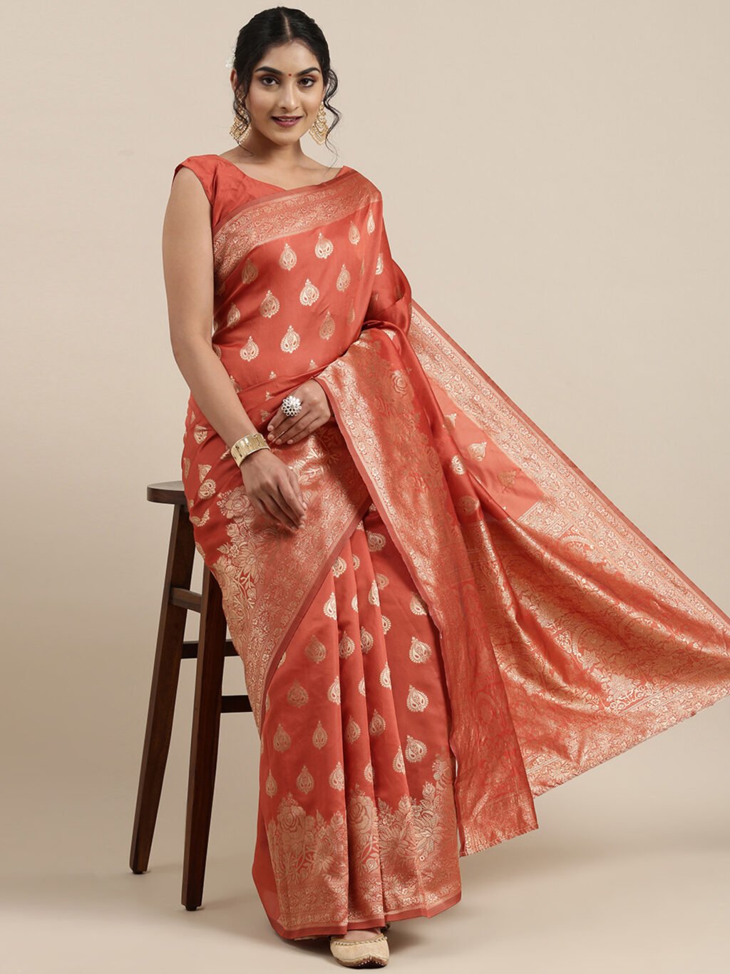 Orange Silk Saree - Image 3