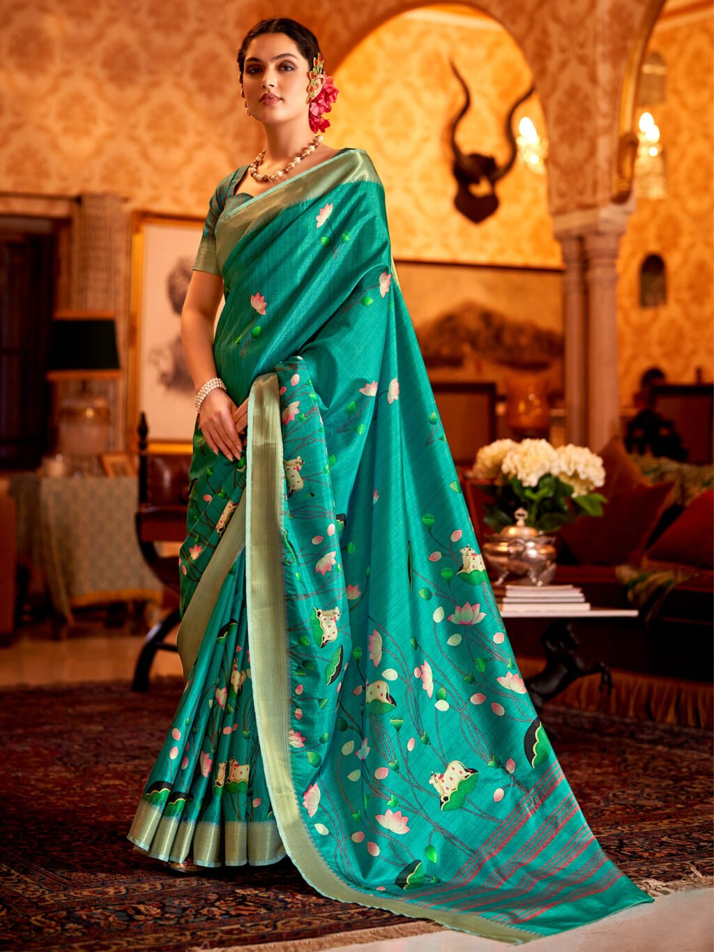 Image of Teal Blue Silk Saree