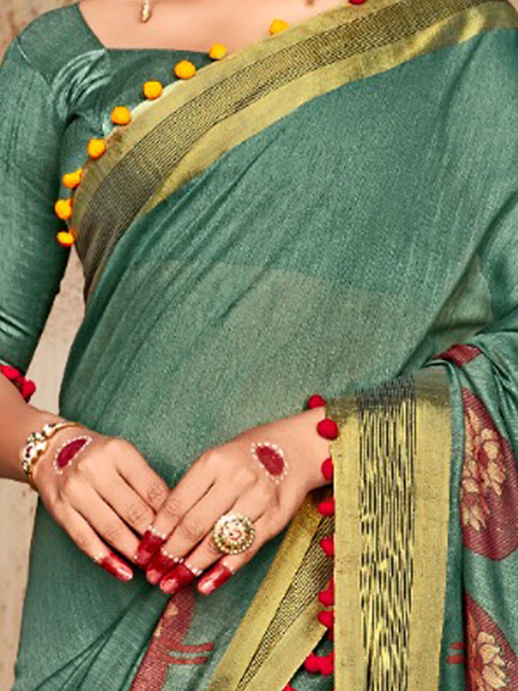 Sea Green Cotton Saree with Lace work - Image 3