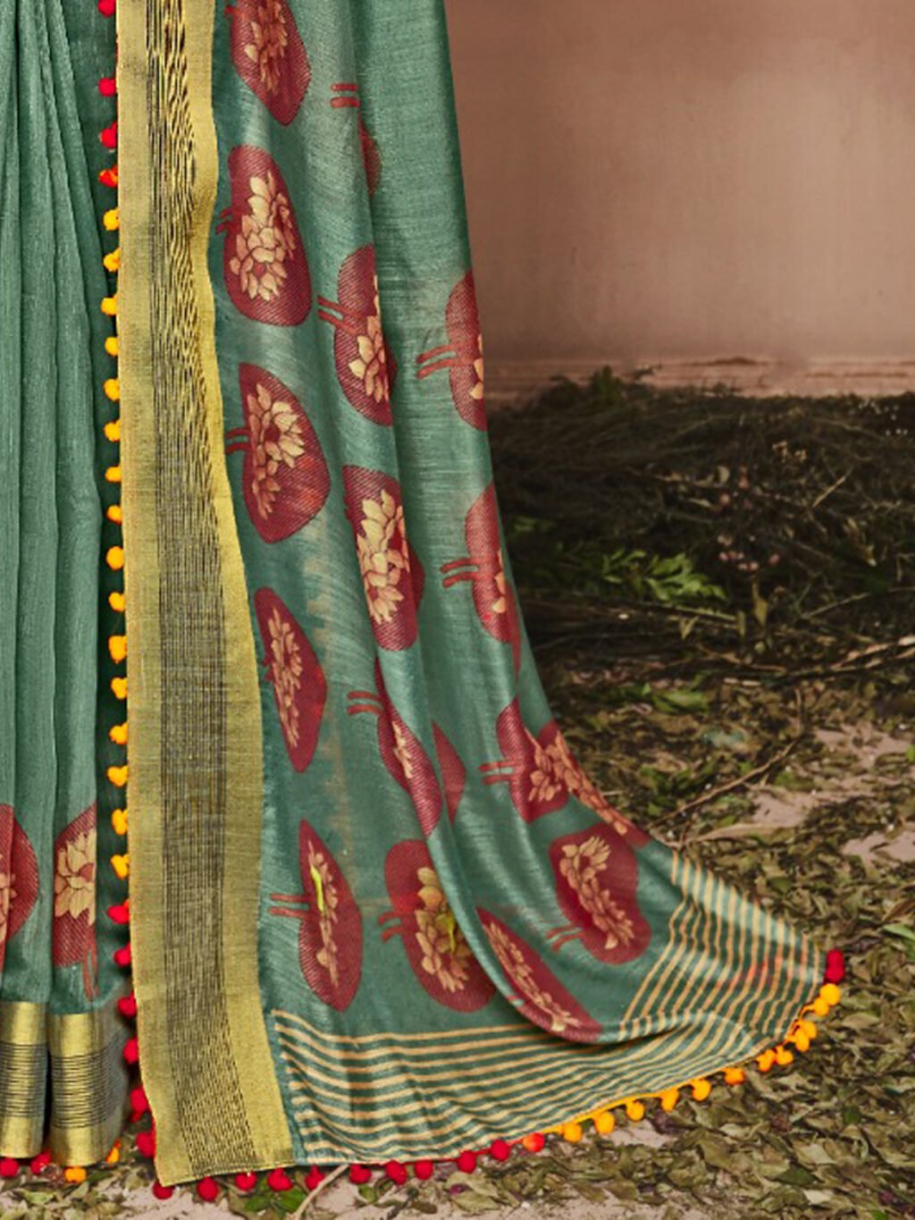 Sea Green Cotton Saree with Lace work - Image 4