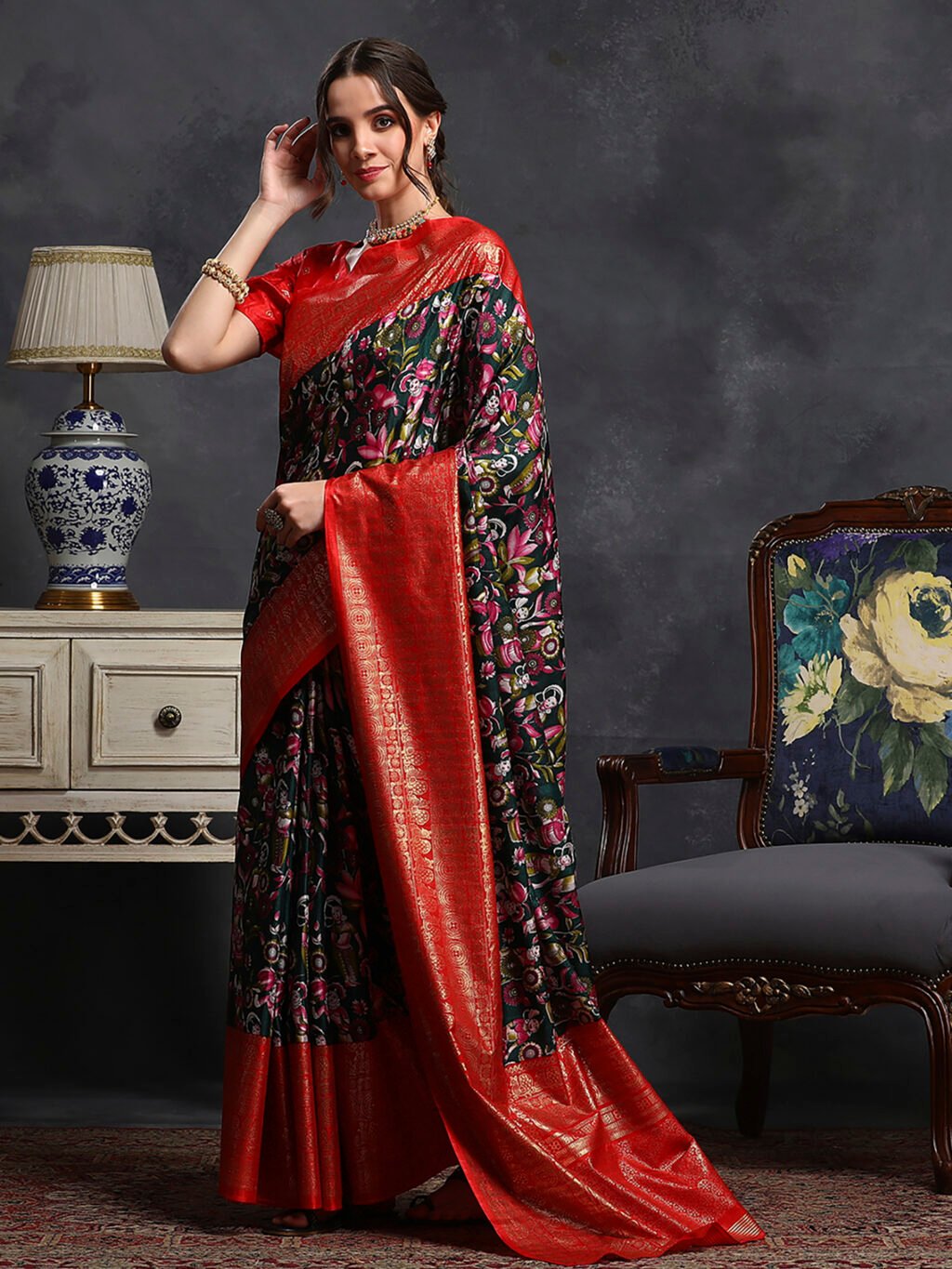 Dark Green Silk Saree - Image 3