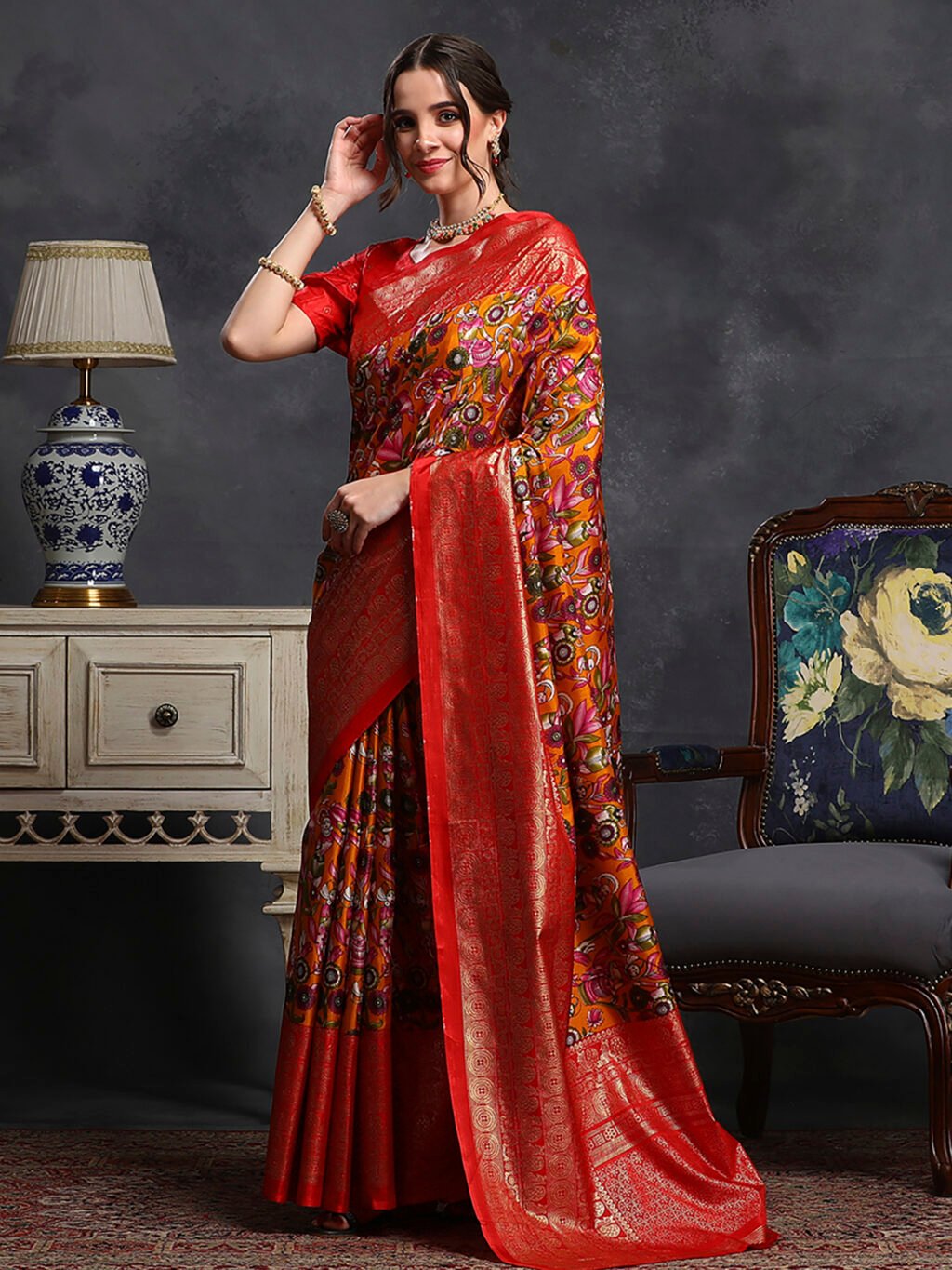 Orange Silk Saree - Image 3