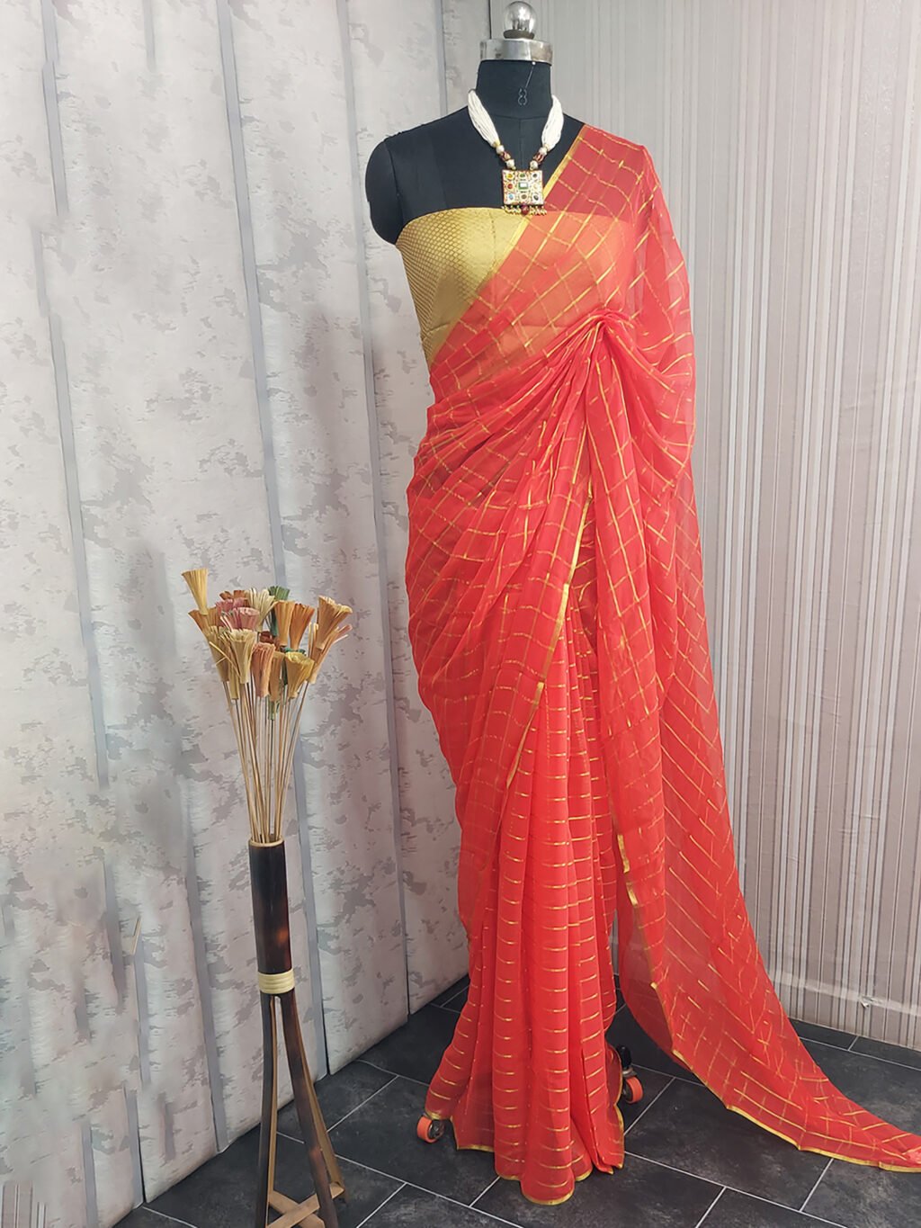 Image of Orange Chiffon Saree