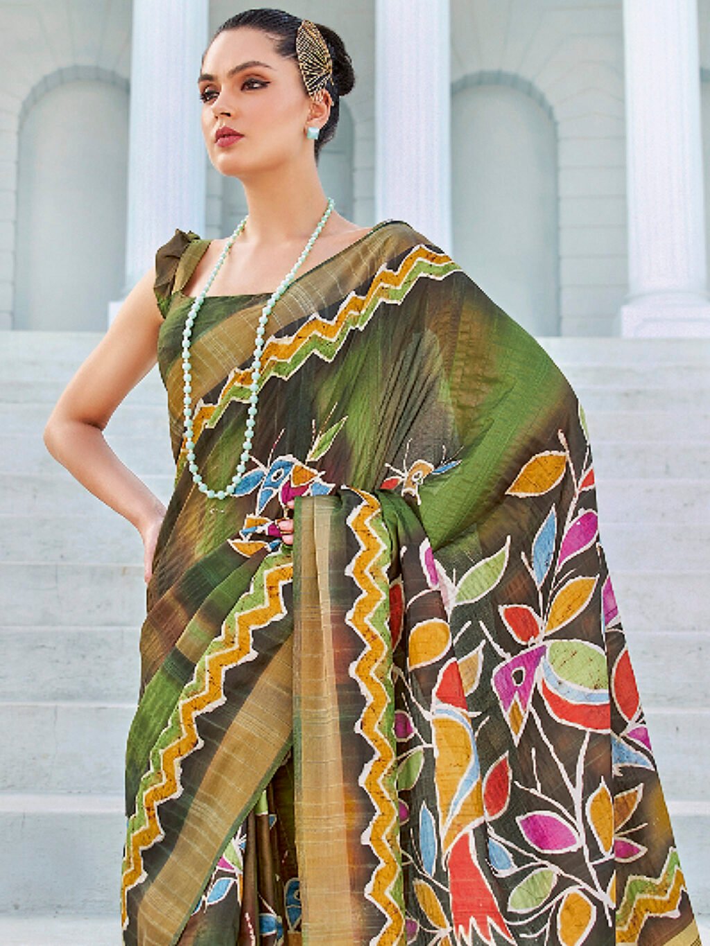 Green Cotton Saree - Image 3