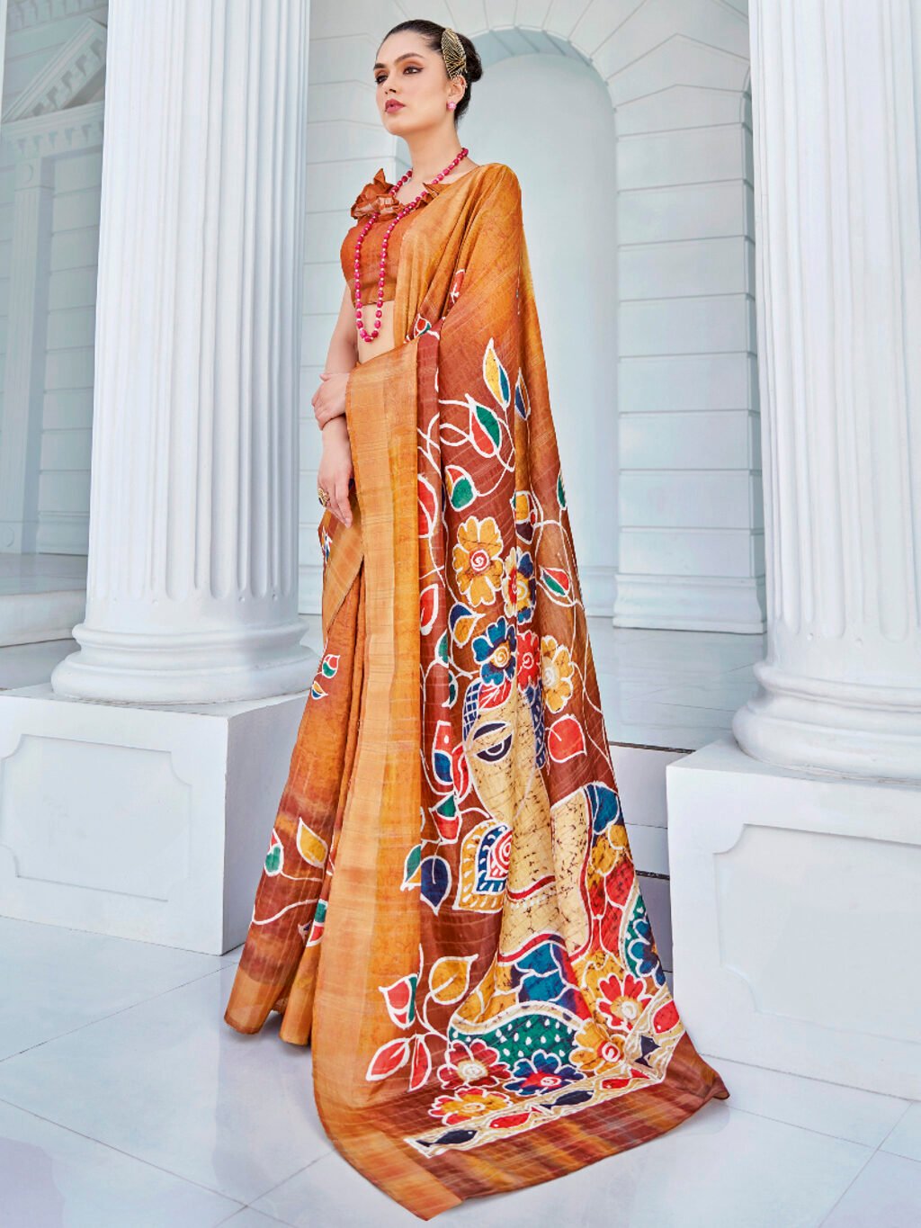 Image of Orange Cotton Saree