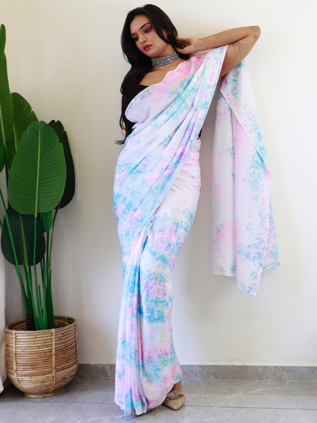 Multicolored Chiffon Saree - Image 4
