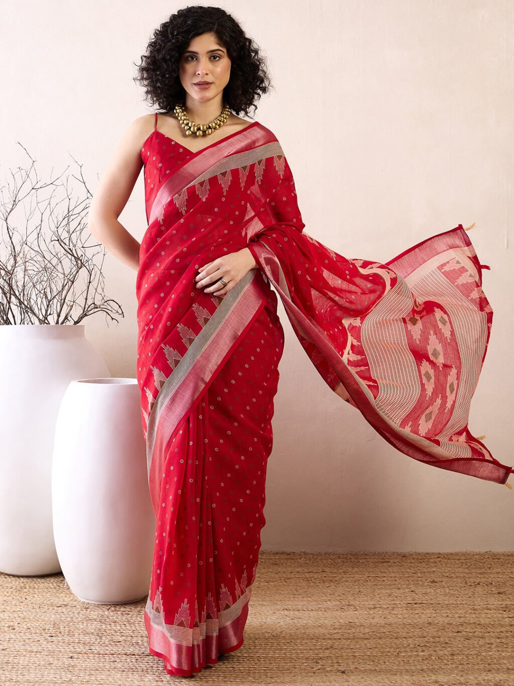 Image of Red Cotton Saree