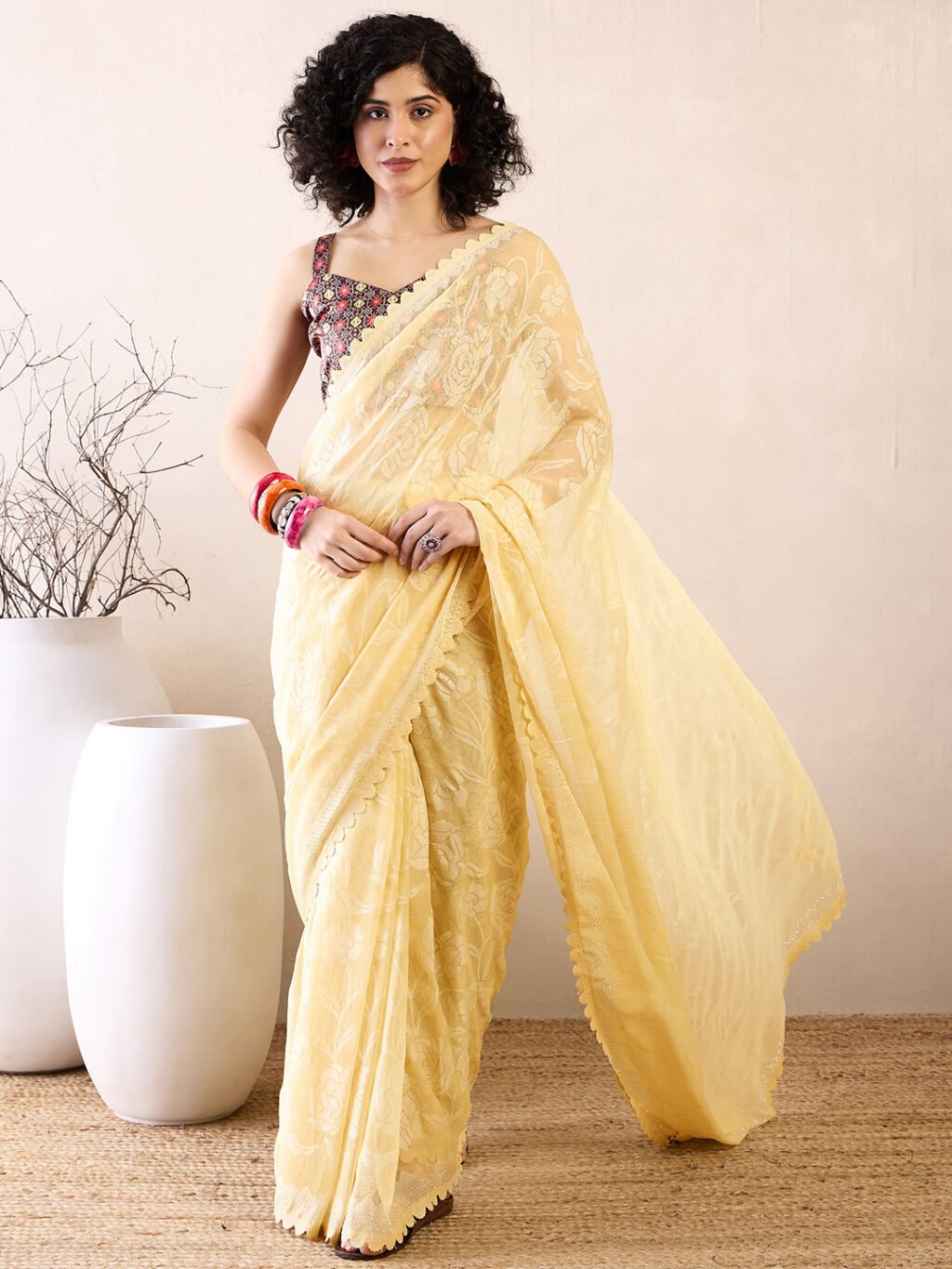 Image of Yellow Chiffon Saree