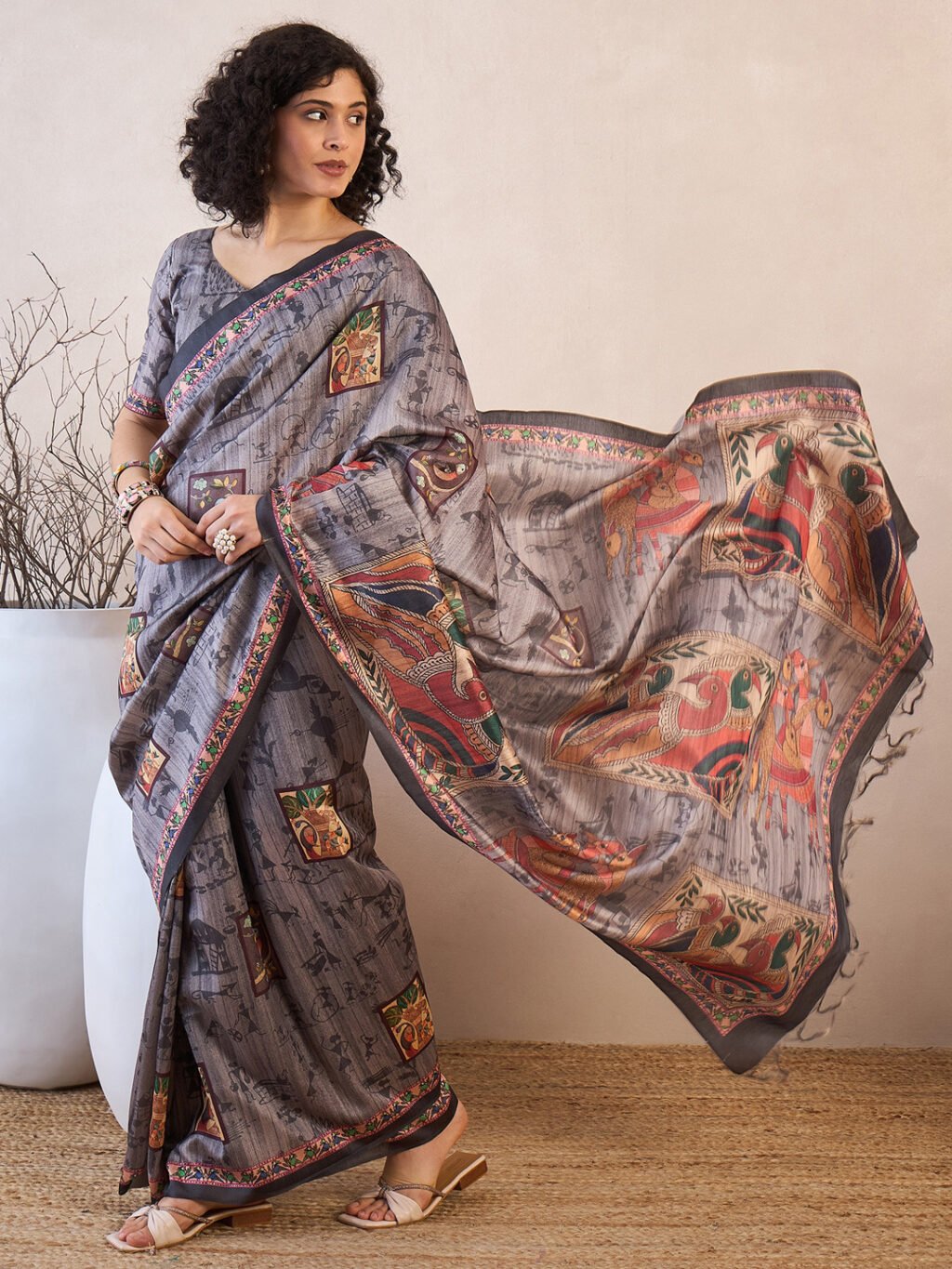 Charcoal Grey Silk Saree - Image 3