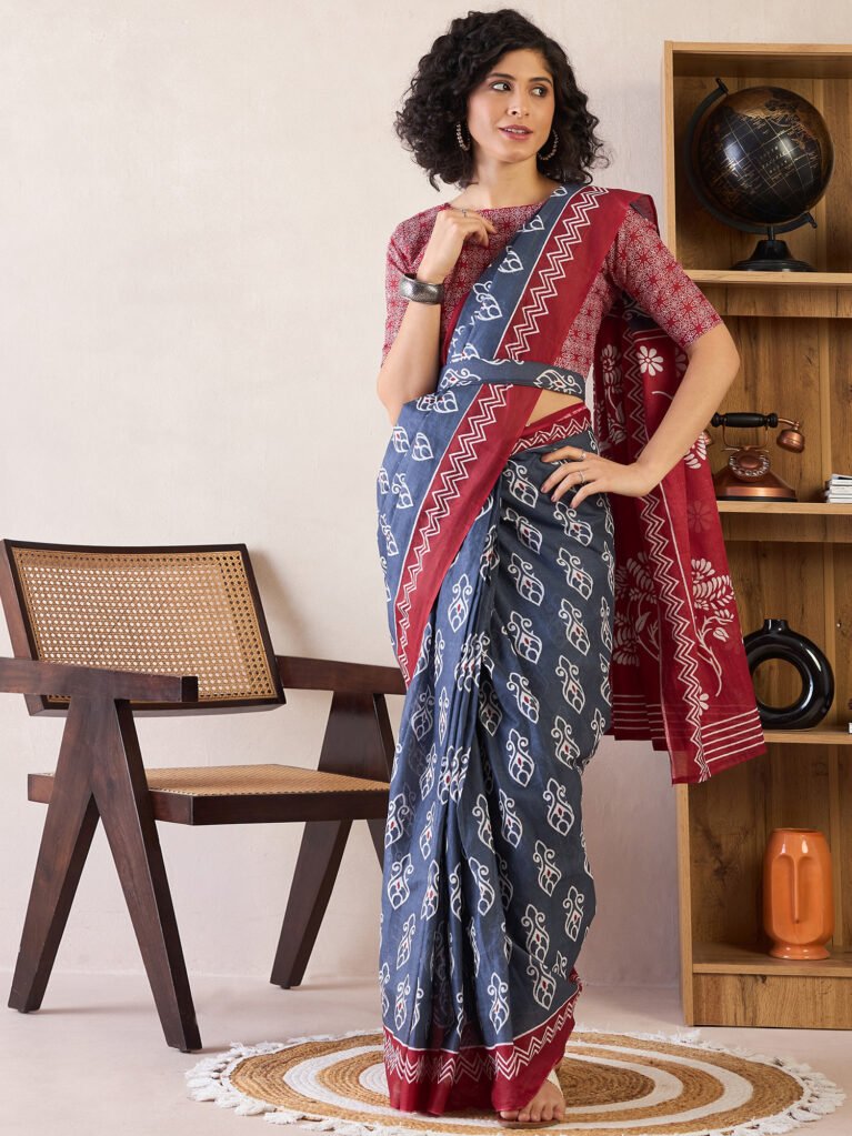 Image of Grey Cotton Saree