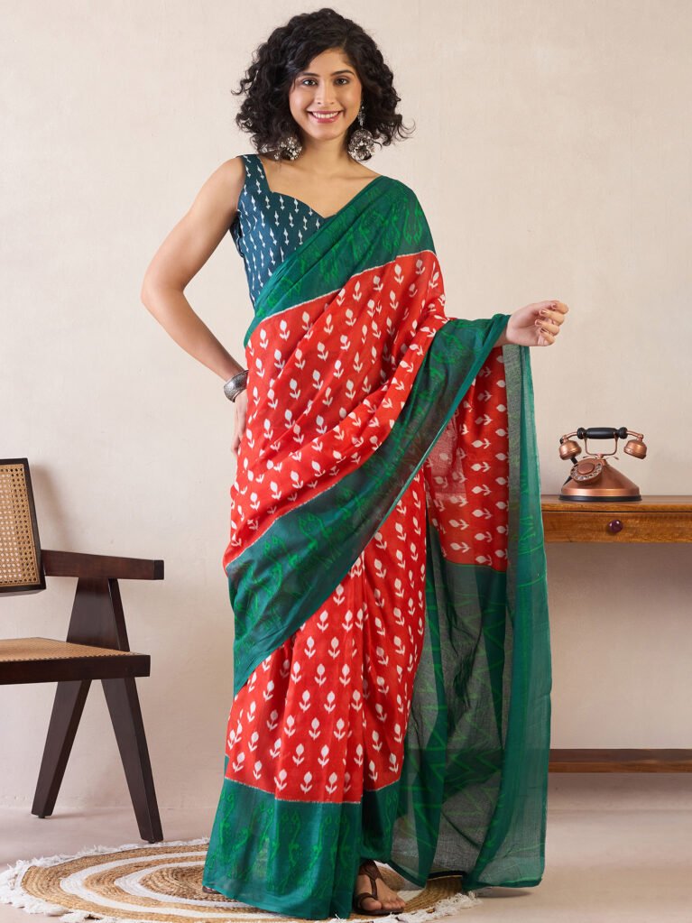 Image of Red Cotton Saree