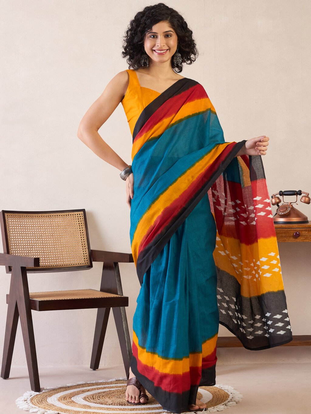 Image of Teal Blue Cotton Saree