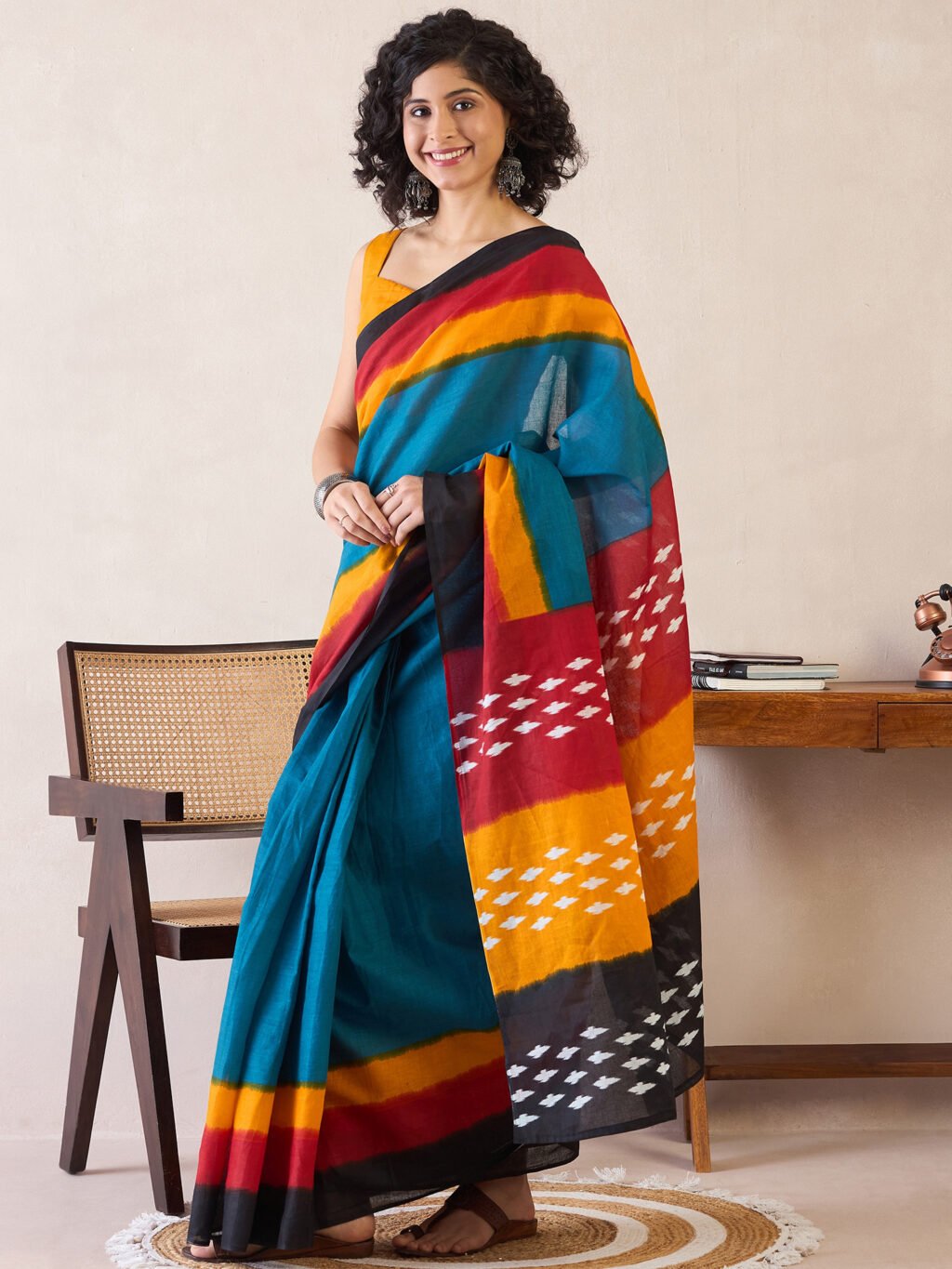 Teal Blue Cotton Saree - Image 3