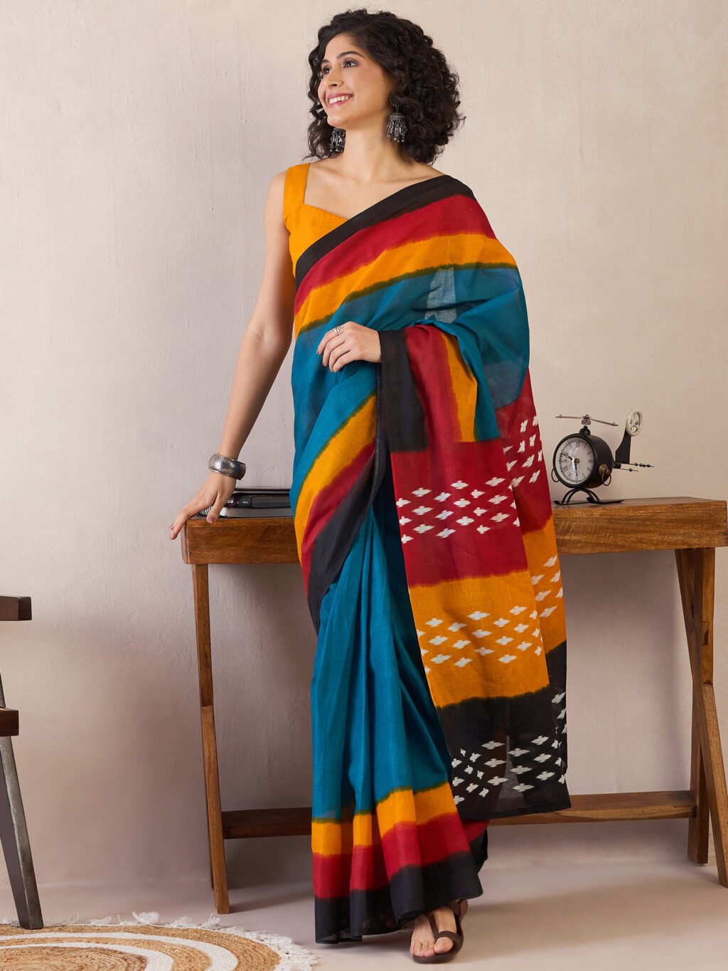 Teal Blue Cotton Saree - Image 4