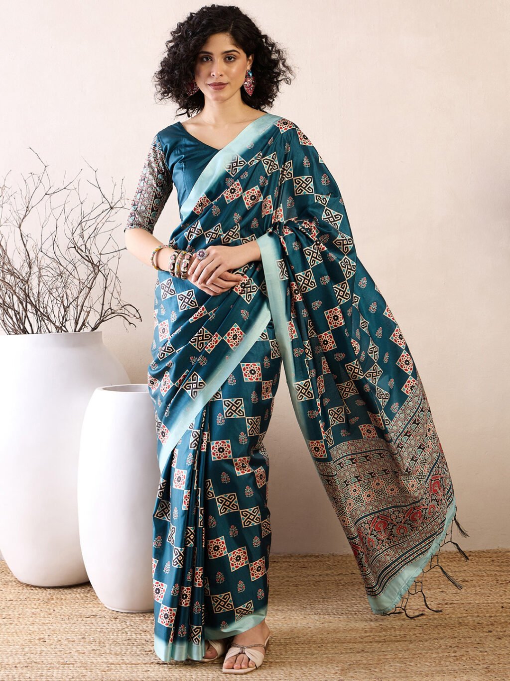 Image of Teal Blue Silk Saree