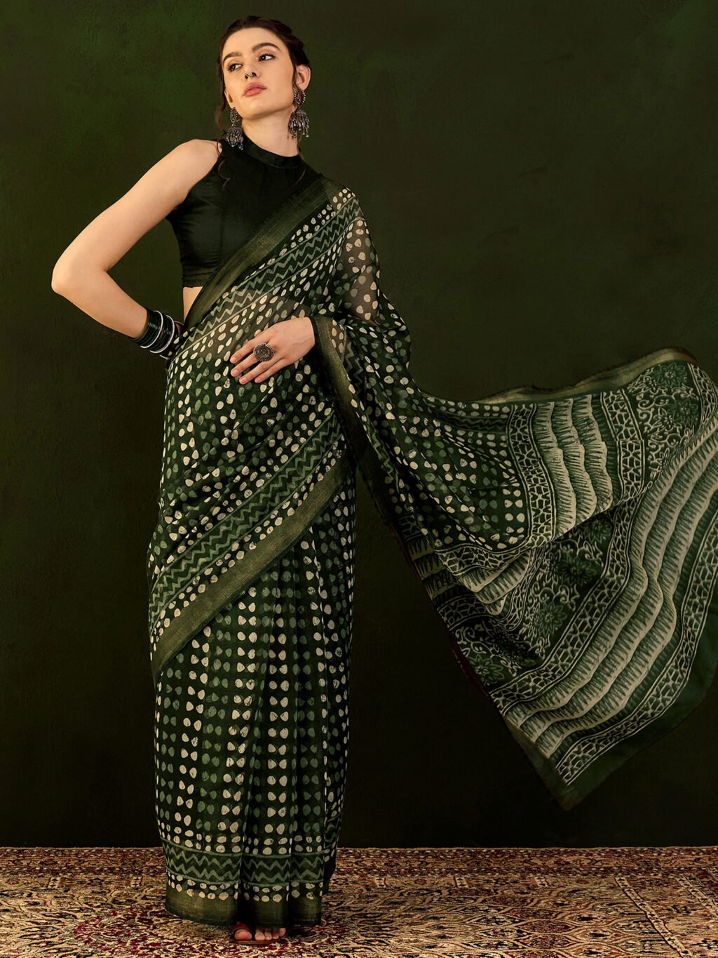 Image of Green Cotton Saree