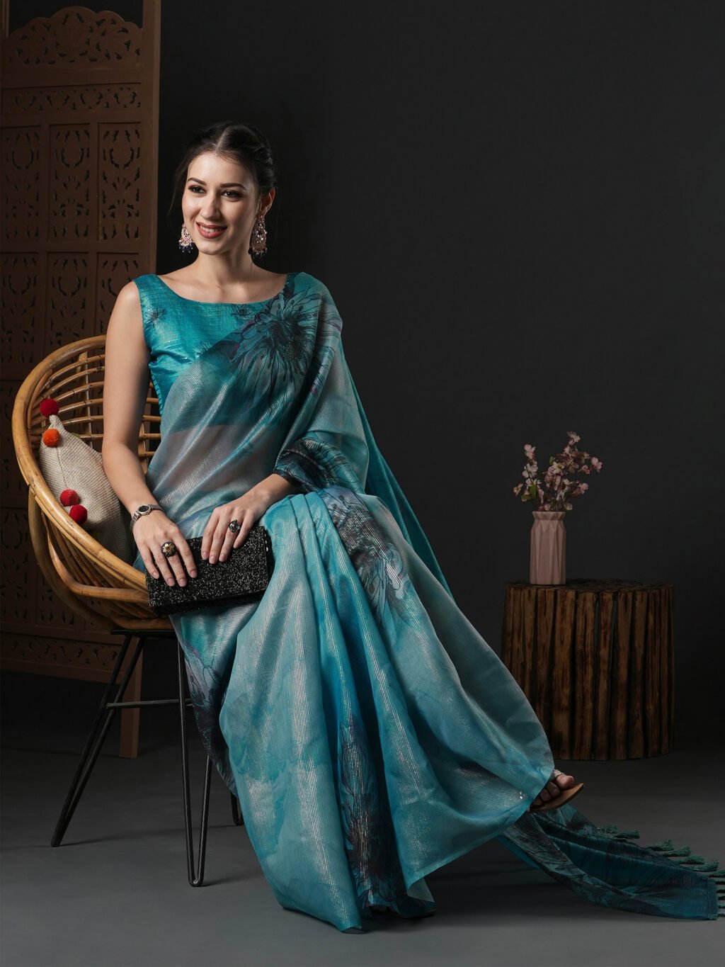 Ocean Blue Organza Silk Saree - Image 3
