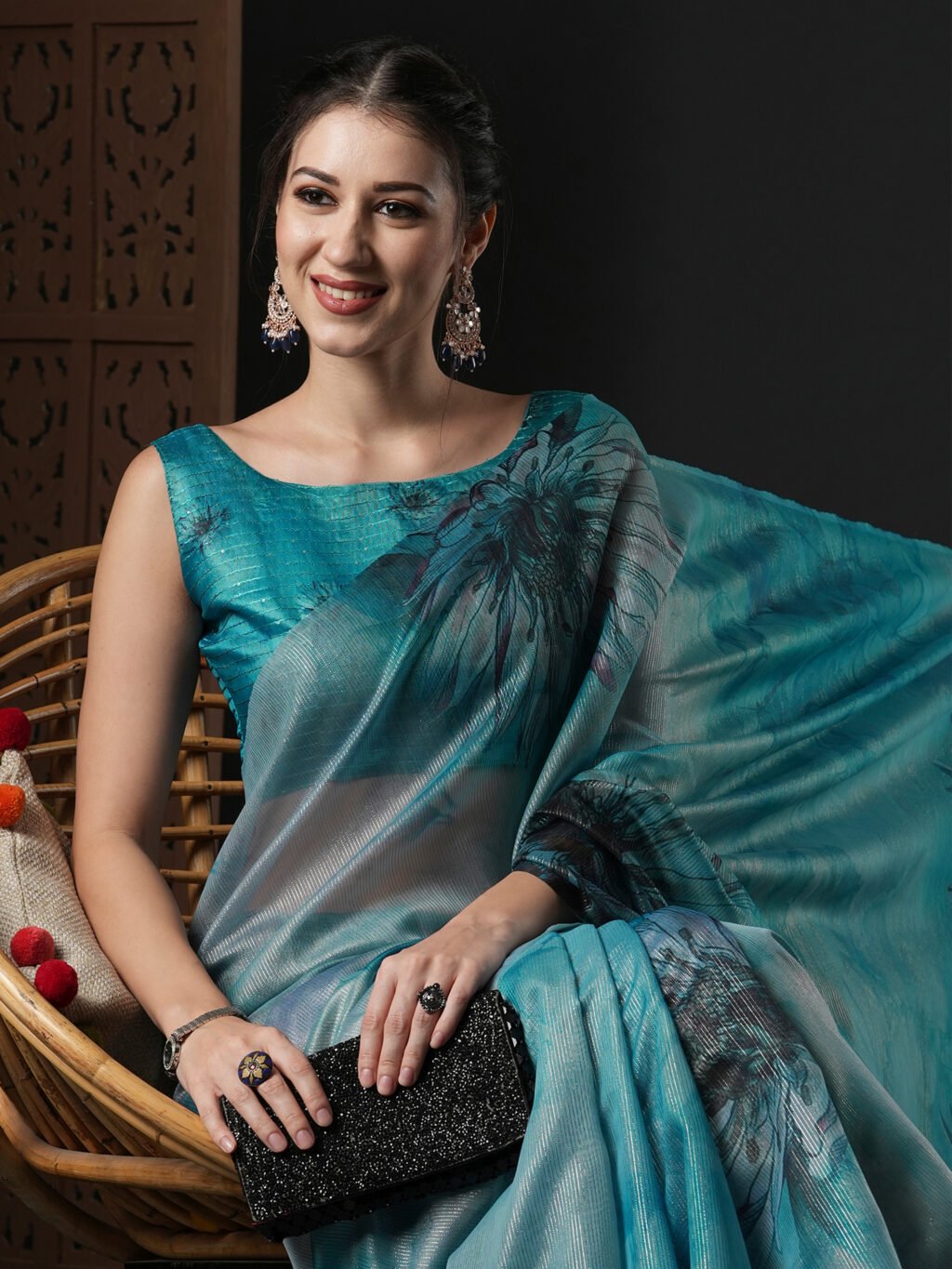Ocean Blue Organza Silk Saree - Image 4