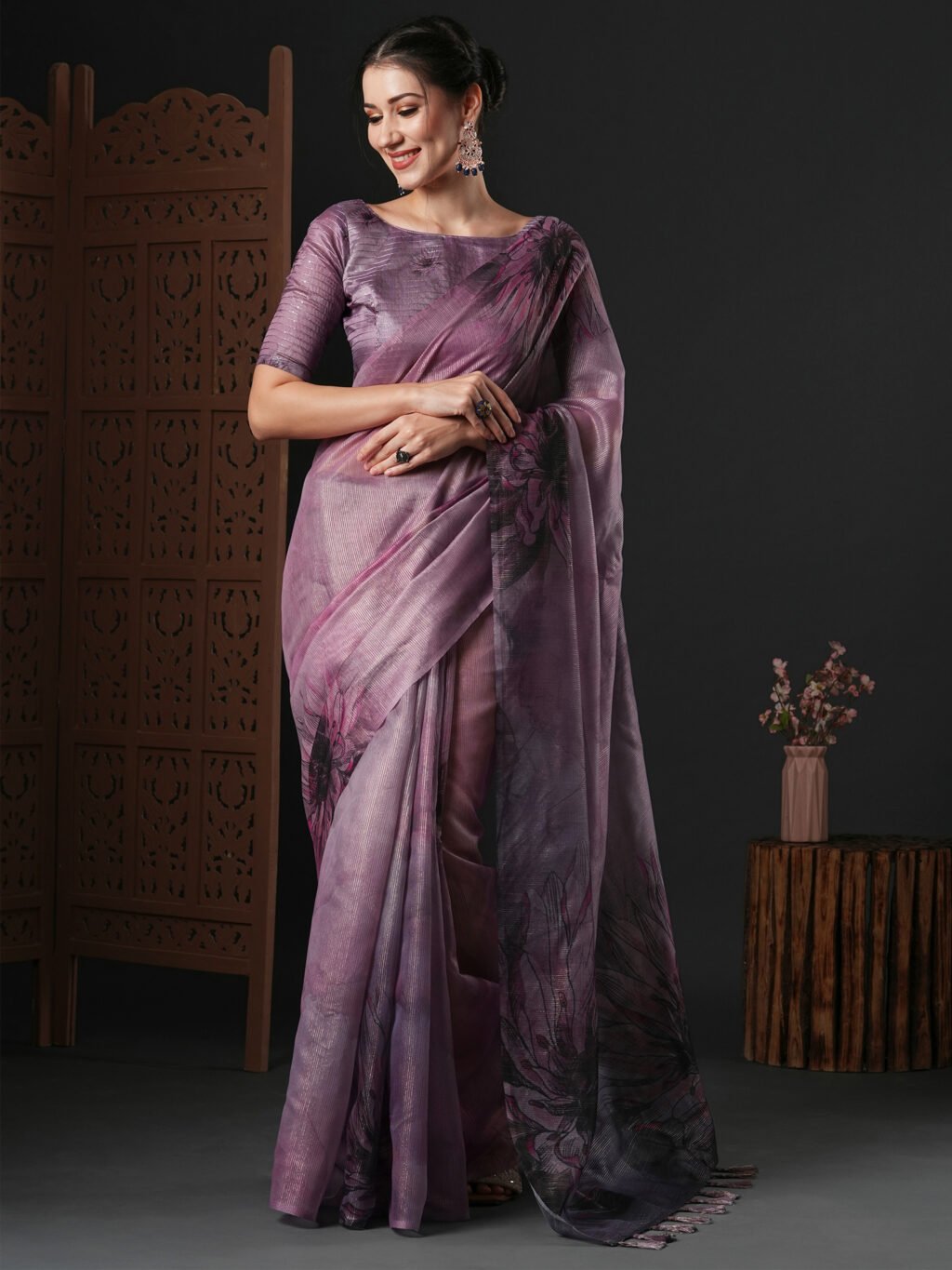 Ethnic Purple Organza Silk Saree - Image 3