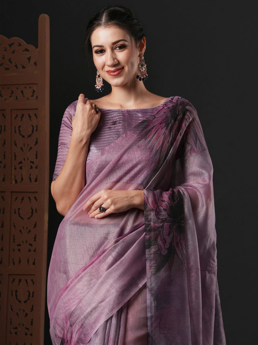 Ethnic Purple Organza Silk Saree - Image 4