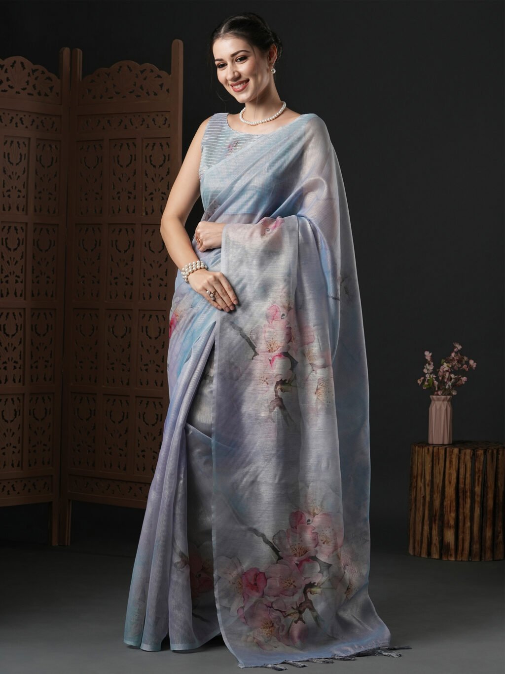 Classic Grey Organza Silk Saree - Image 3