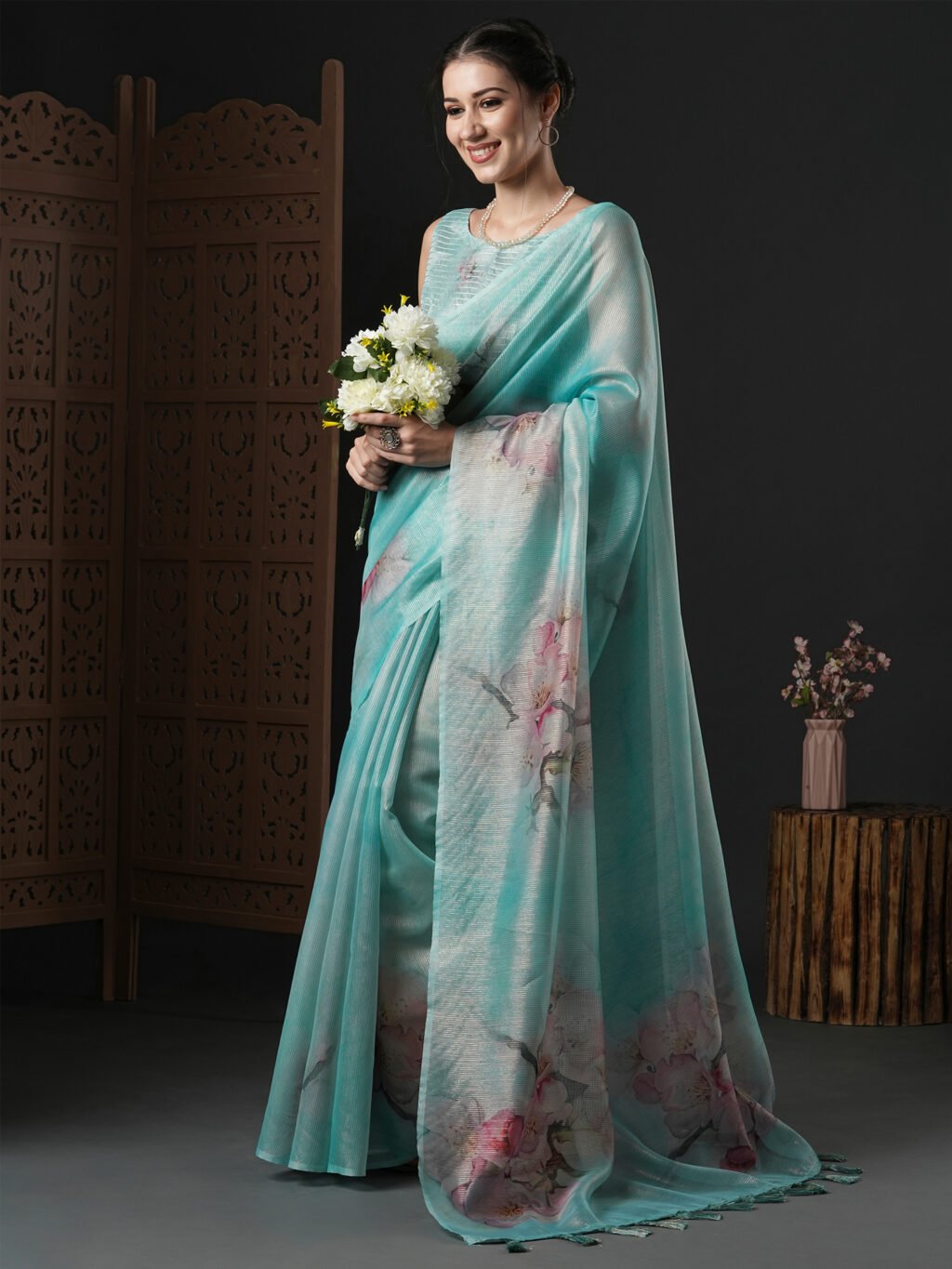 Light Blue Organza Silk Saree - Image 3
