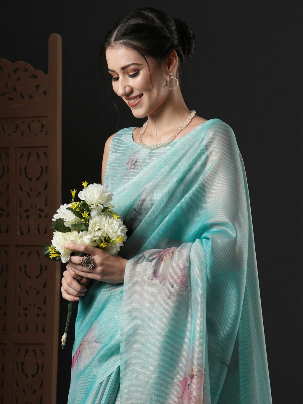 Light Blue Organza Silk Saree - Image 4