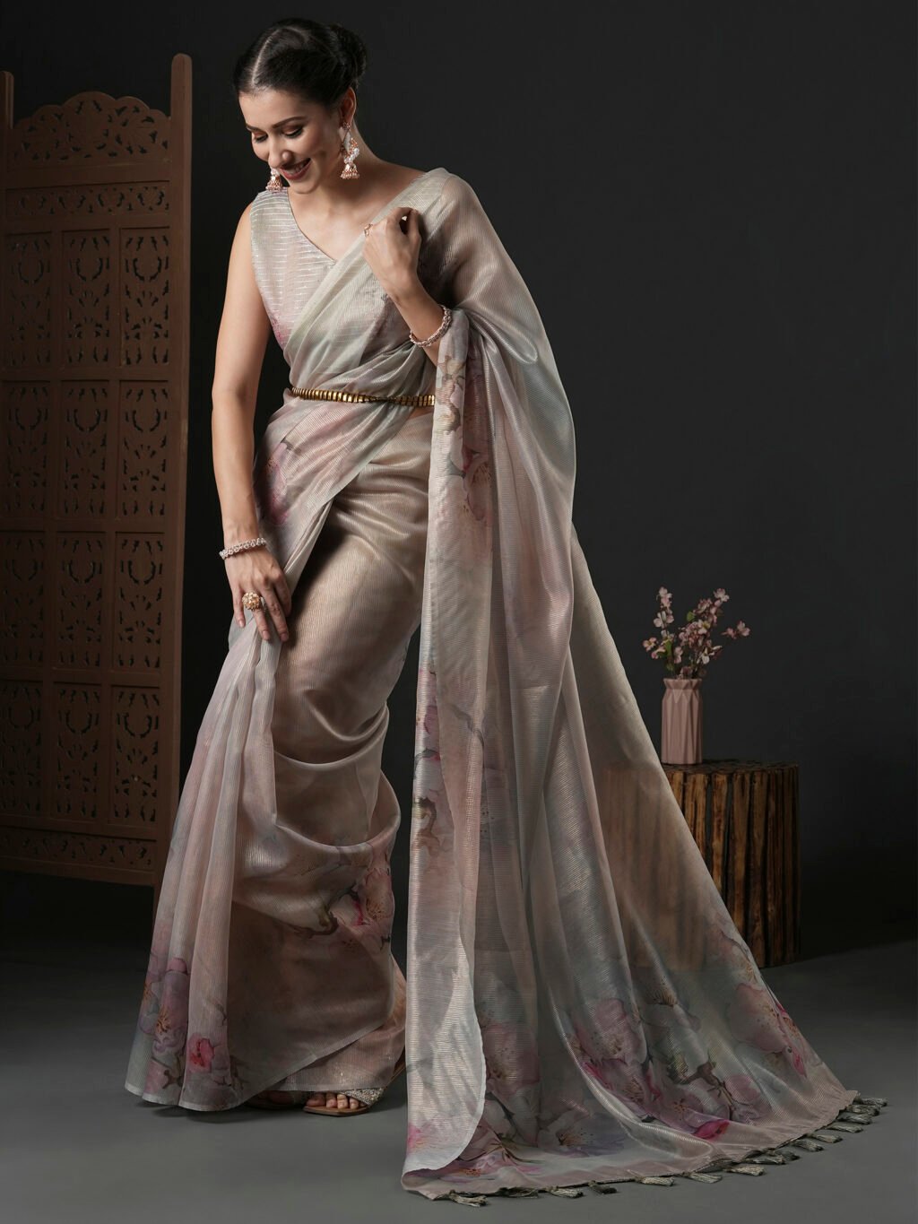 Beige Organza Silk Saree - Image 3