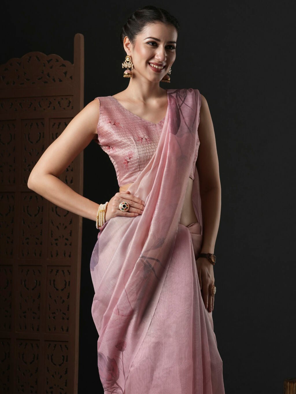 Blush Pink Organza Silk Saree - Image 4