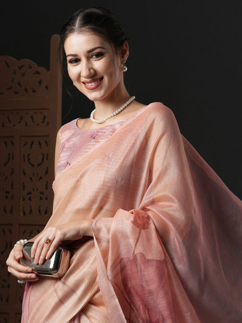 Peach Pink Organza Silk Saree - Image 4