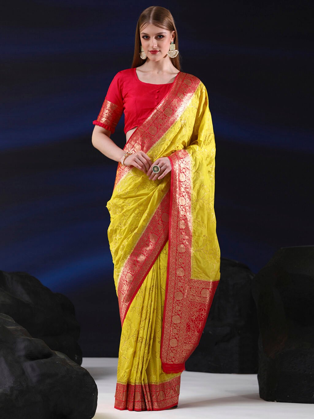 Image of Lemon Yellow Silk Saree