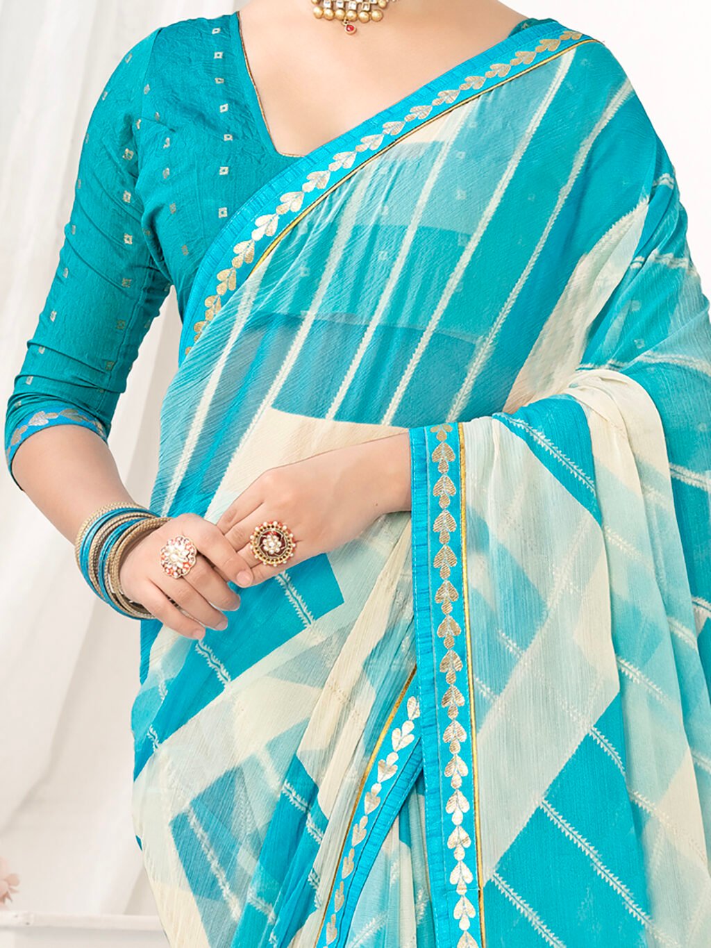 White and Blue Branded Chiffon Saree - Image 3