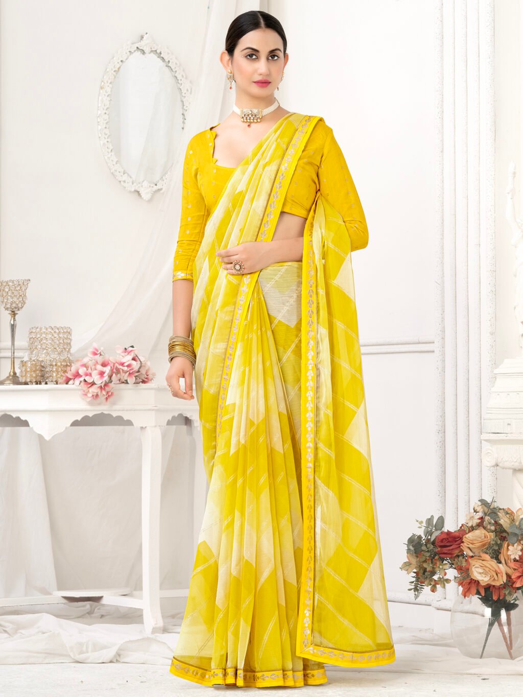 Image of Yellow Chiffon Saree
