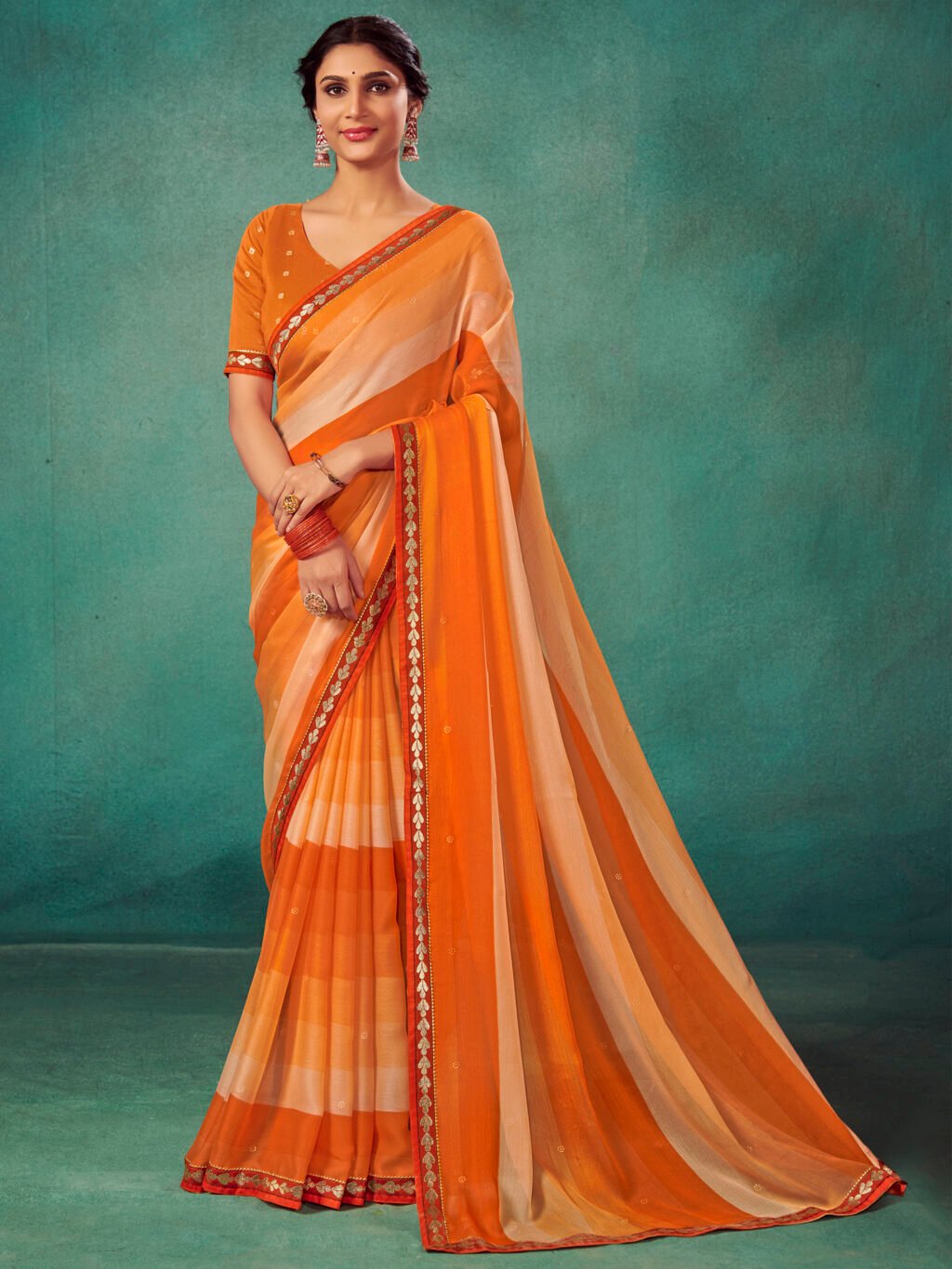 Image of Orange Chiffon Saree