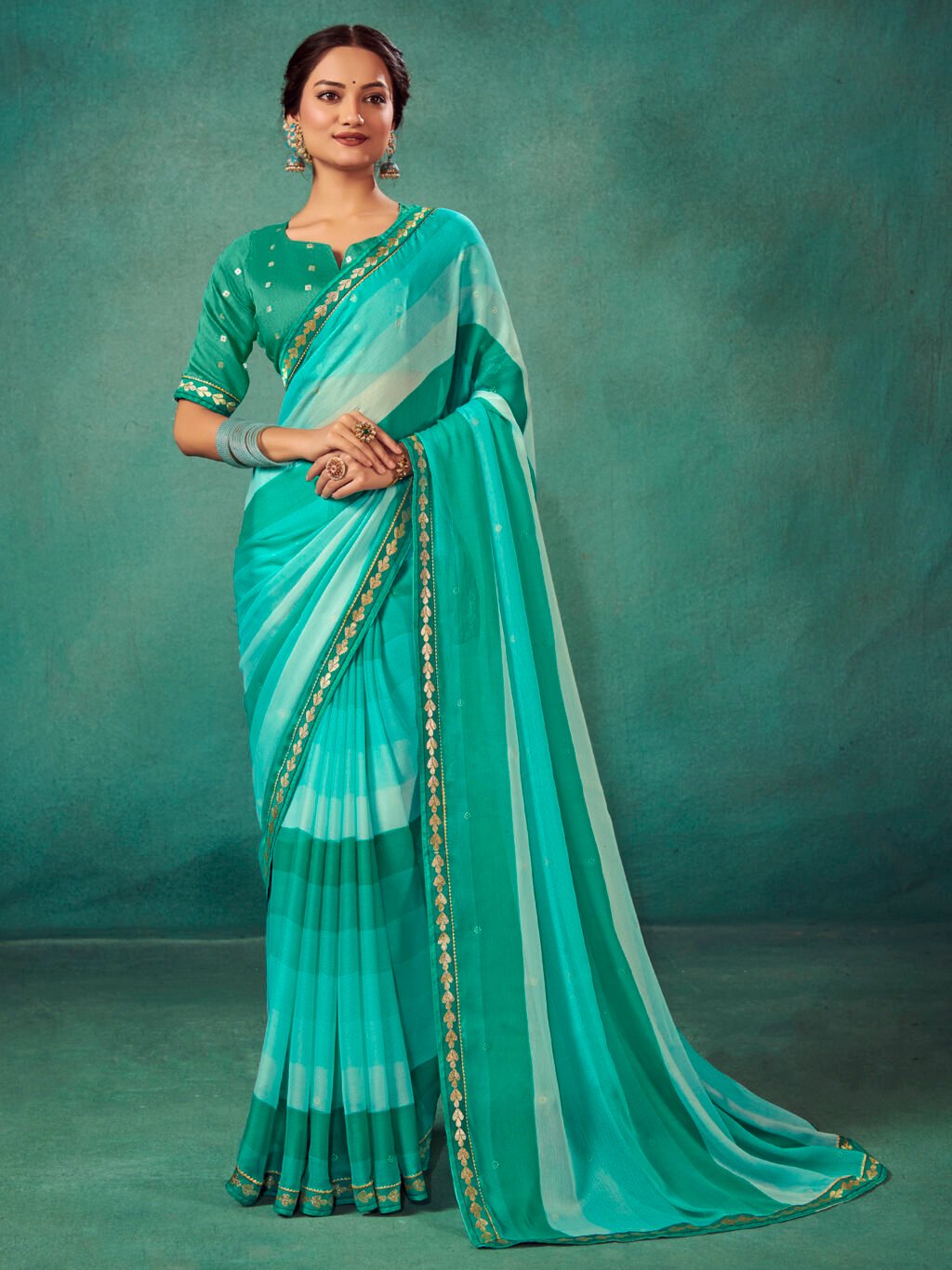 Image of Teal Blue Chiffon Saree