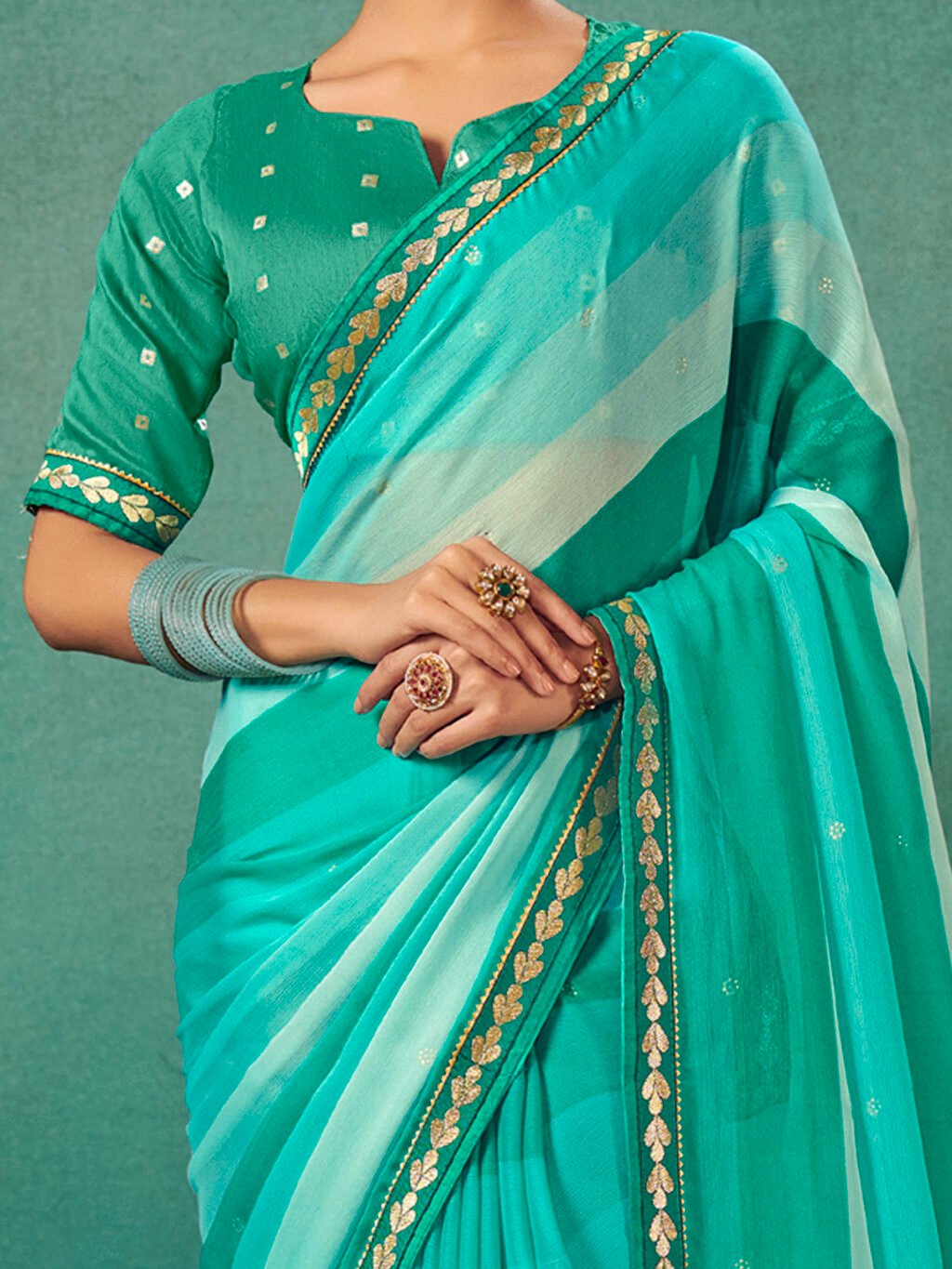 Teal Blue Chiffon Saree - Image 3