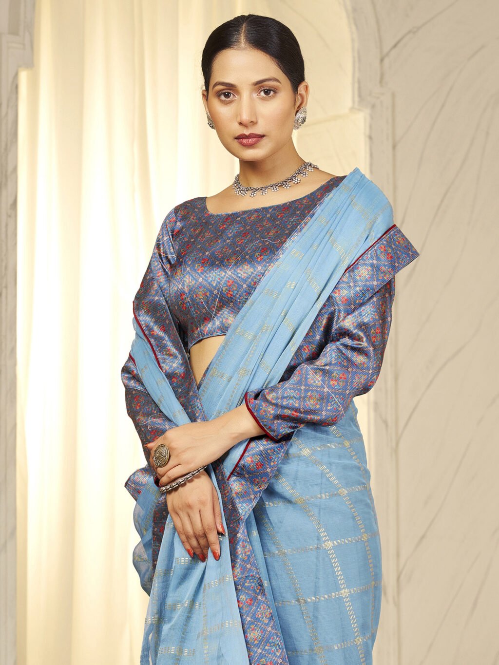 Blue Chiffon Saree with Printed Blouse - Image 3