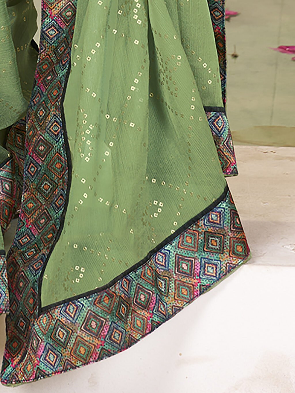 Light Green Chiffon Saree with Printed Blouse - Image 4