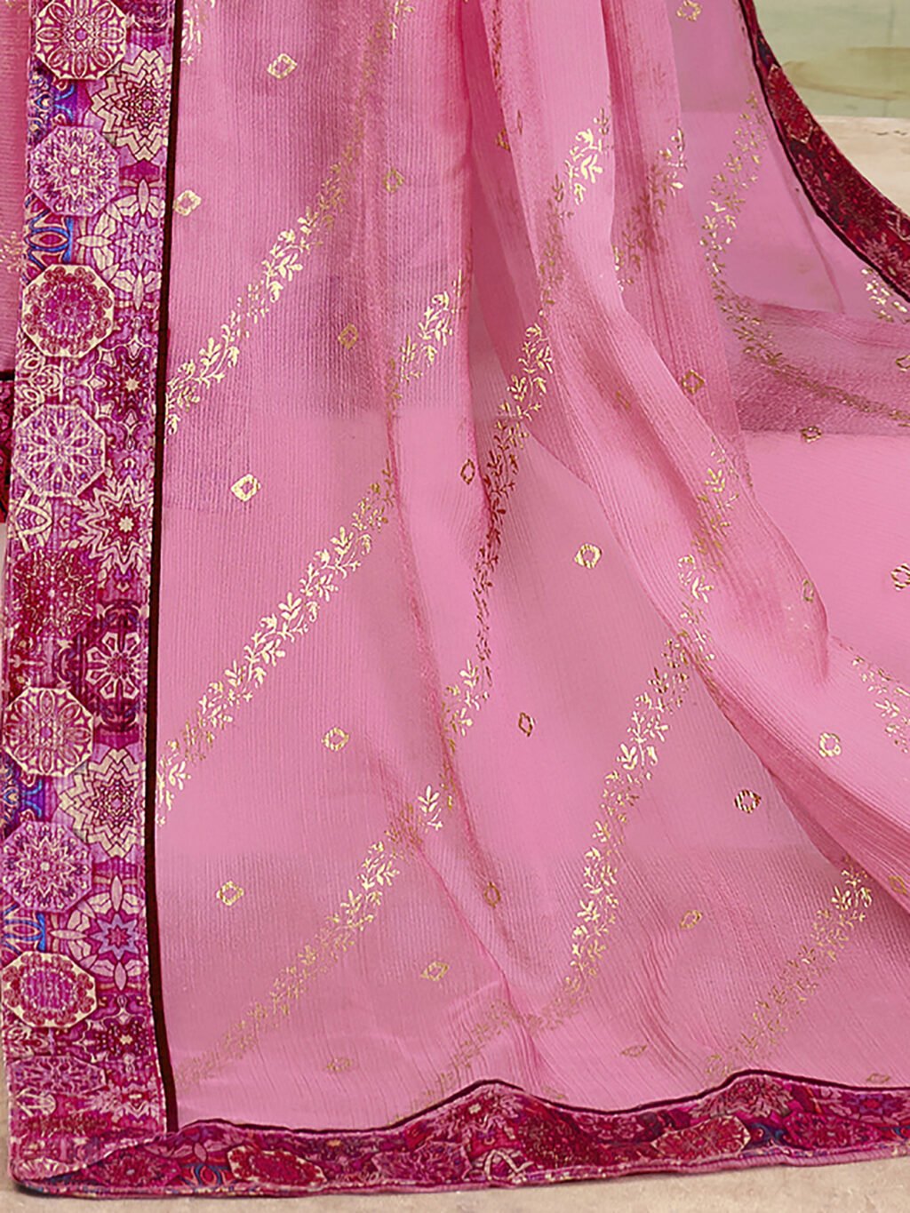 Pink Chiffon Saree with Printed Blouse - Image 4
